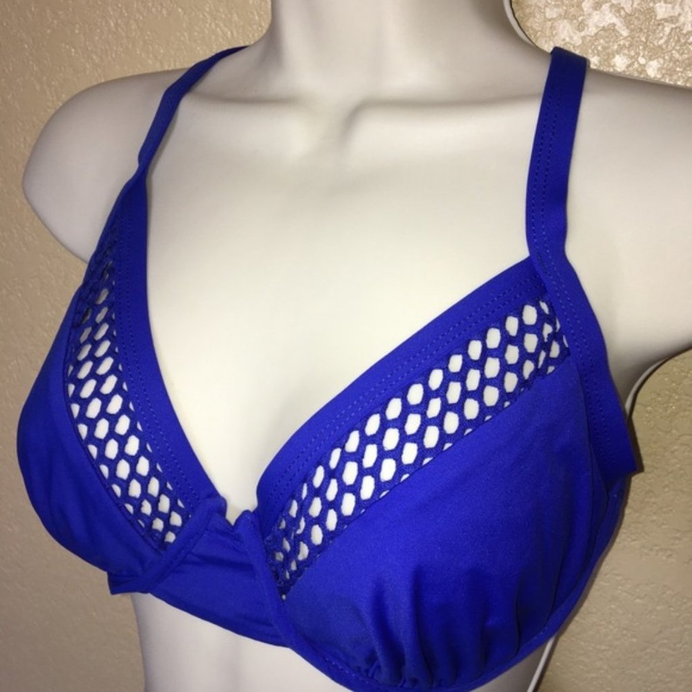 La Blanca blue mesh 36D bikini top fishnet eyelet